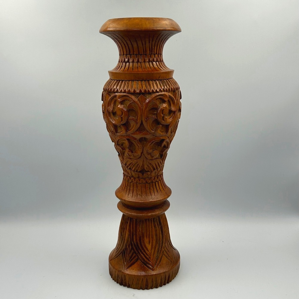 VTG Hand Carved Wood Pillar Candlestick 15" Spanish Baroque Pedestal Brutalist